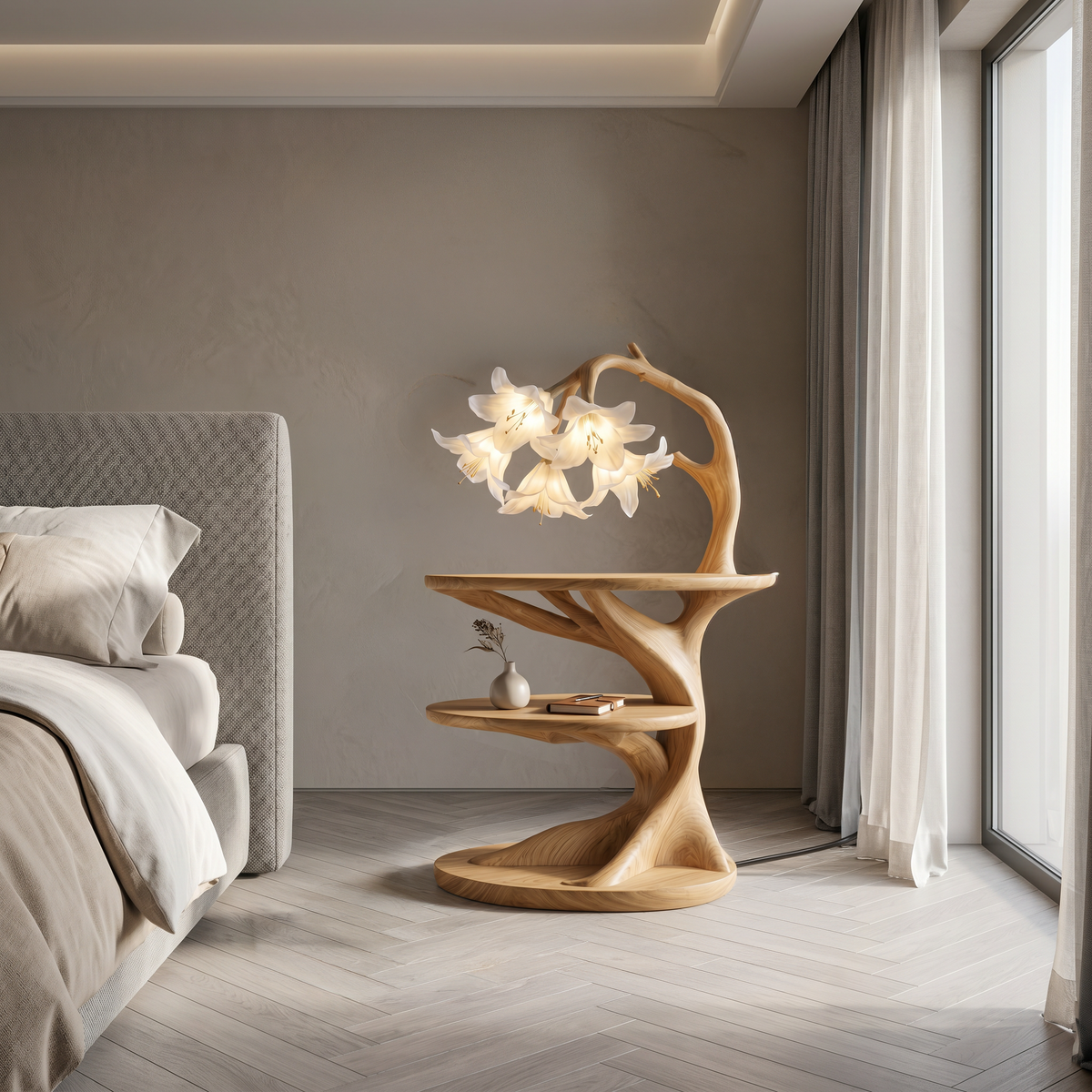 Rustic Side Table With Flower Shade Lamp For Bedroom And Living Room - view 5 of 8