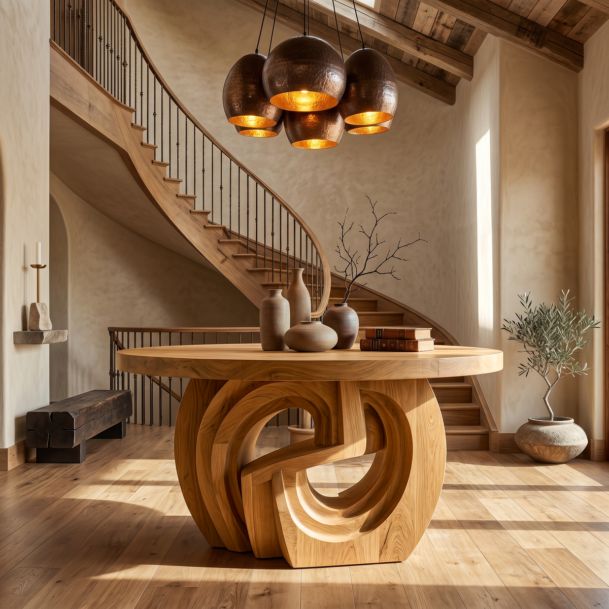 Rustic Foyer Table With Sculptural Ring Pedestal Base For Entryway And Hallway - view 5 of 8