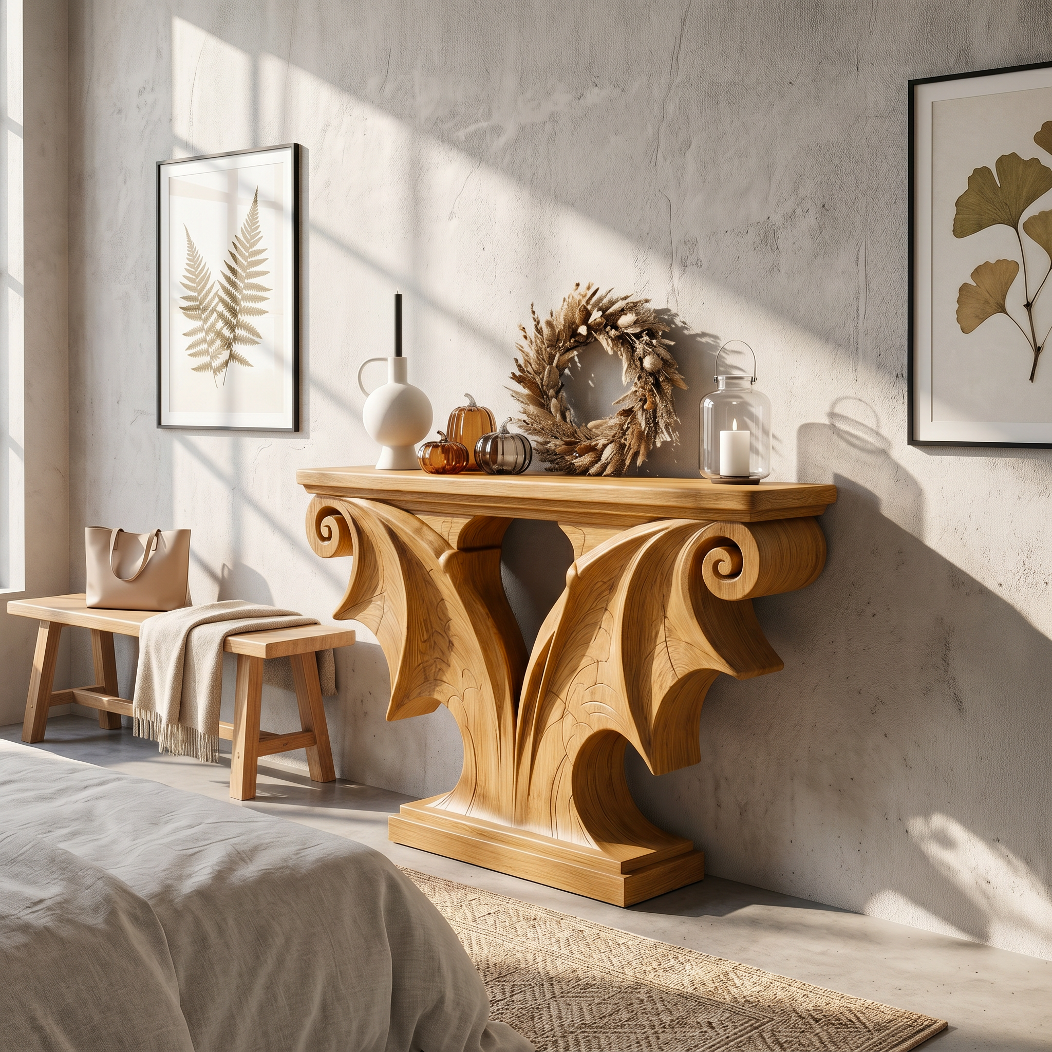Sculptural Console Table Handcrafted Solid Wood Design For Entryway Living Room - view 5 of 8