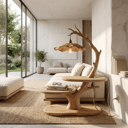 Sculptural Beside Table With Tree Branch Lamp And Open Storage Shelves For Living Room - view 4 of 8