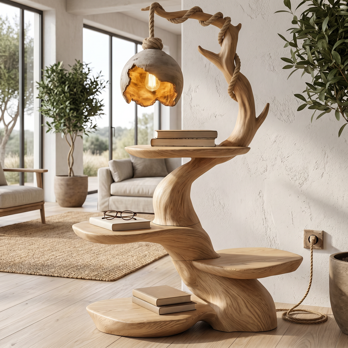 Nature Inspired Beside Table With Sculptural Tree Form And Ambient Lamp For Living Room - view 5 of 8