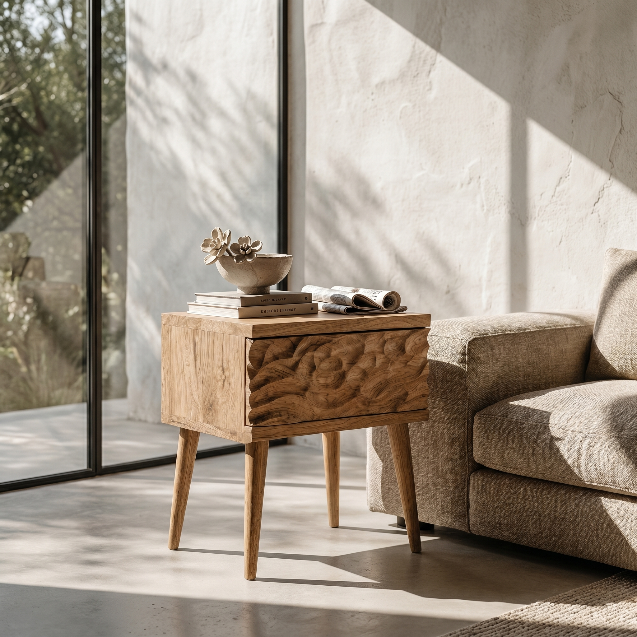 Mid Century Modern Side Table With Carved Wood Drawer And Open Shelf For Living Room And Bedroom - view 5 of 8