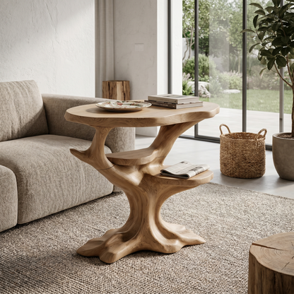 Organic Sculptural Side Table With Solid Wood Display Shelves For Living Room And Bedroom - view 5 of 8