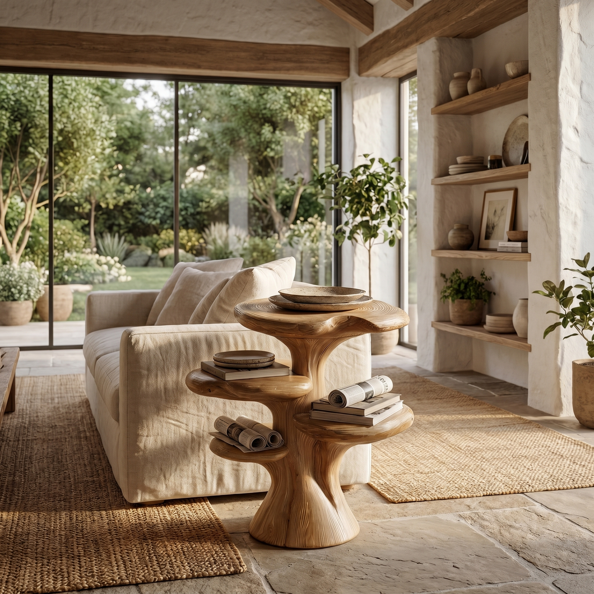 Organic Sculptural Beside Table With Tiered Solid Wood Shelves For Living Room - view 5 of 8