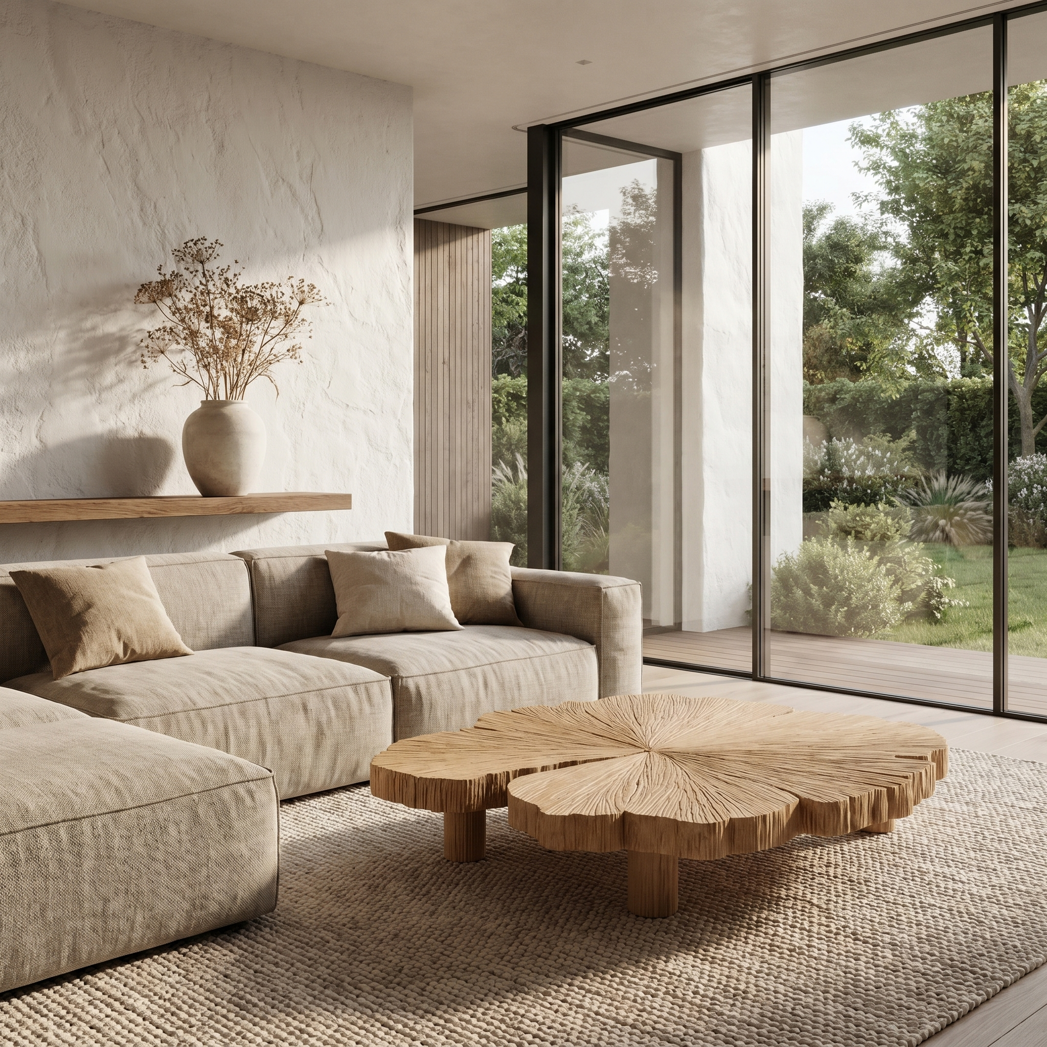 Rustic Coffee Table With Hand Carved Organic Wood Top And Chunky Pedestal Legs For Living Room - view 5 of 8