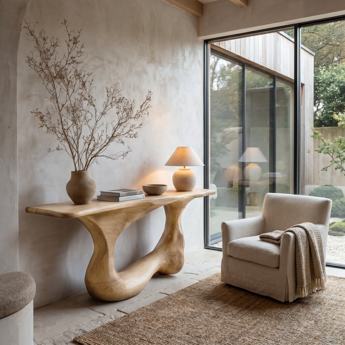 Contemporary Console Table With Artistic Open Loop Solid Wood Base For Living Room - view 5 of 8