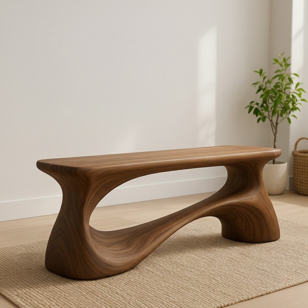 Handcrafted Solid Wood Bench – Unique Organic Curvature Art Piece - view 2 of 6