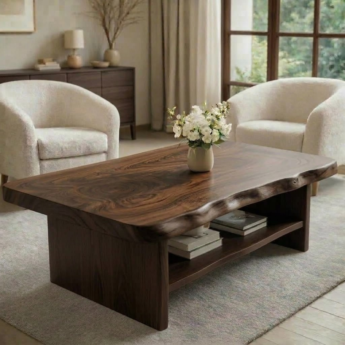 Solid Wood Coffee Table for Living Room with Live Edge Top and Storage Shelf - view 3 of 9