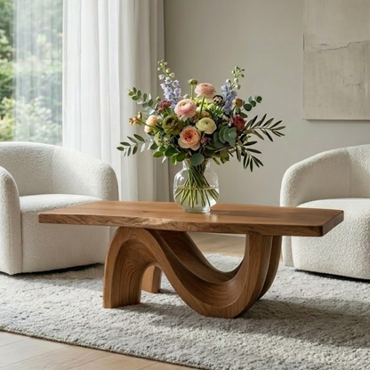 Solid Wood Coffee Table for Modern Living Room with Sculptural Curved Base - view 3 of 9
