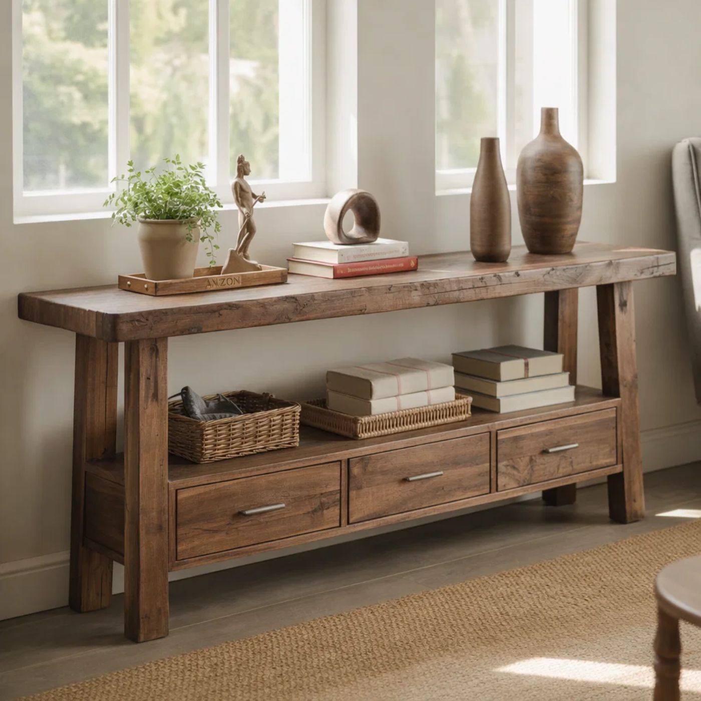 Solid Wood Console Table for Living Room with 3 Drawers and Open Shelf - view 3 of 9