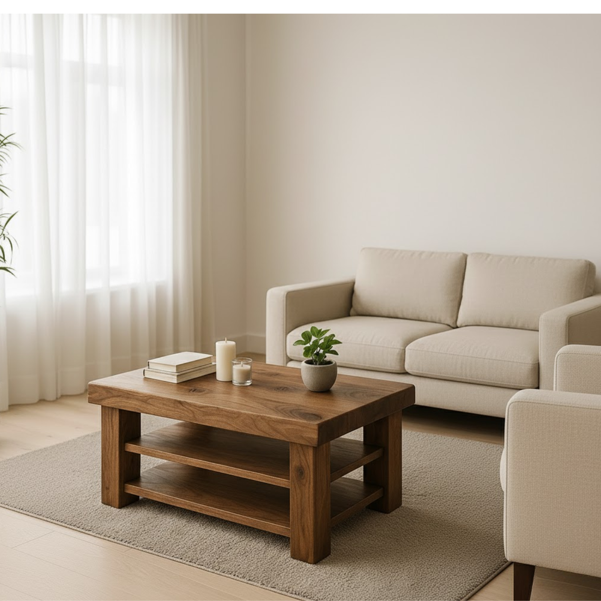 Handcrafted Solid Walnut Coffee Table - Rustic Modern with 2 Open Shelves - view 2 of 6