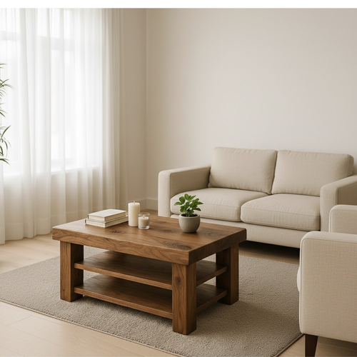 Handcrafted Solid Walnut Coffee Table - Rustic Modern with 2 Open Shelves - view 2 of 6