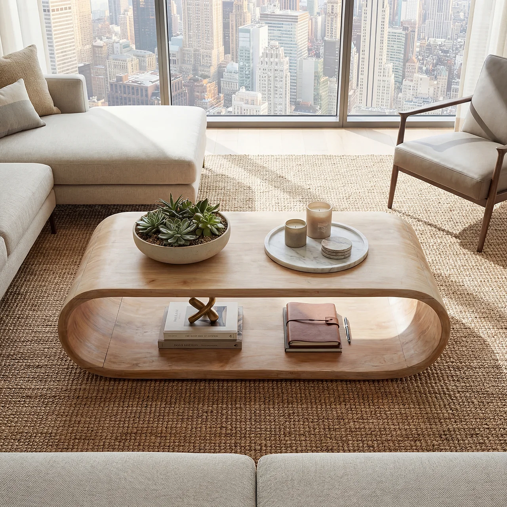 Curved Waterfall Coffee Table with Open Storage Shelf - view 5 of 7