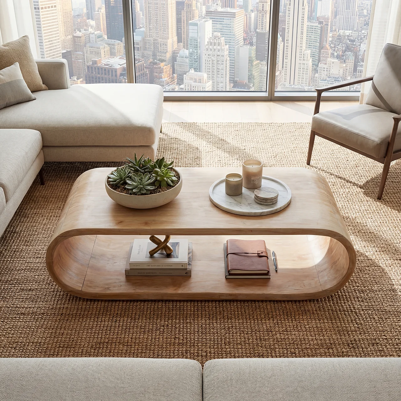Curved Waterfall Coffee Table with Open Storage Shelf - view 5 of 7