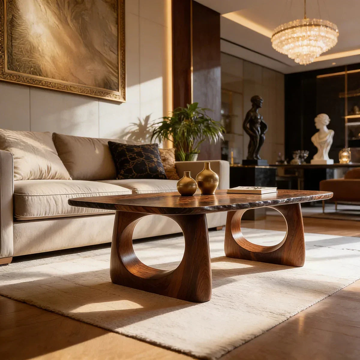 Live Edge Natural Wood Coffee Table with Dual Circular Sculpted Base - view 2 of 7