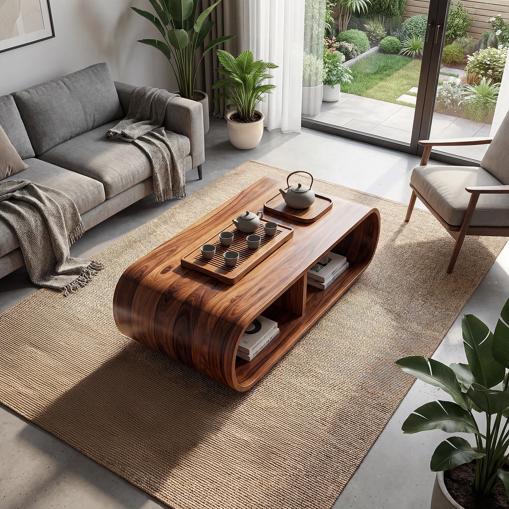 Curved Waterfall Coffee Table with Integrated Open Shelving - view 5 of 7