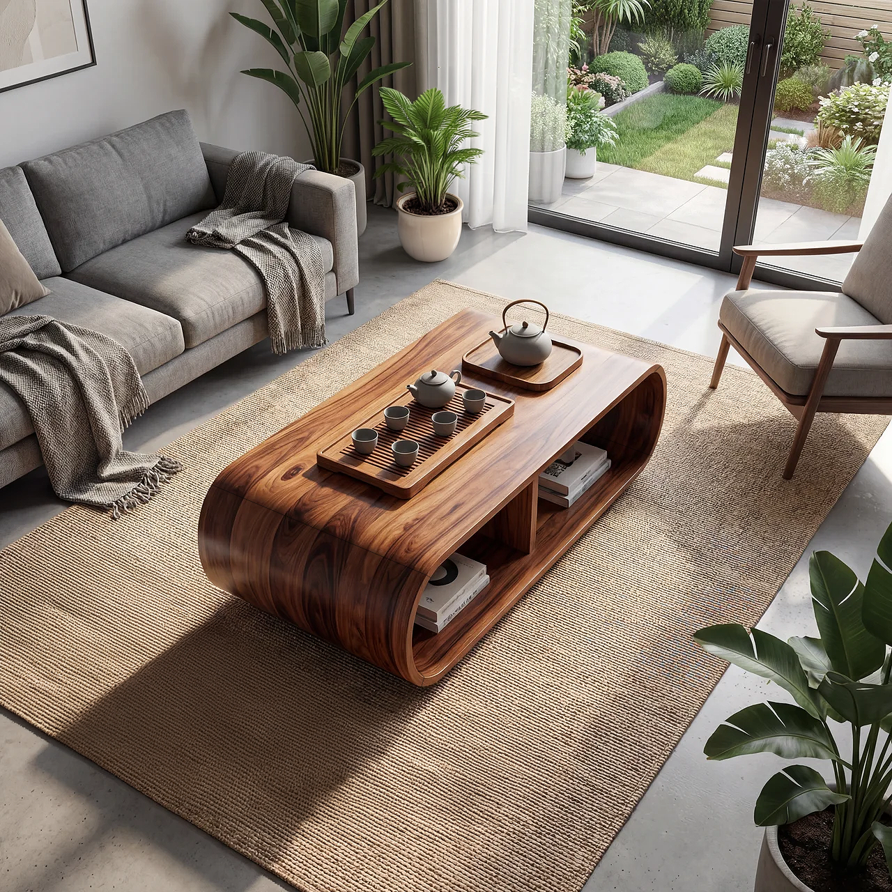 Curved Waterfall Coffee Table with Integrated Open Shelving - view 5 of 7