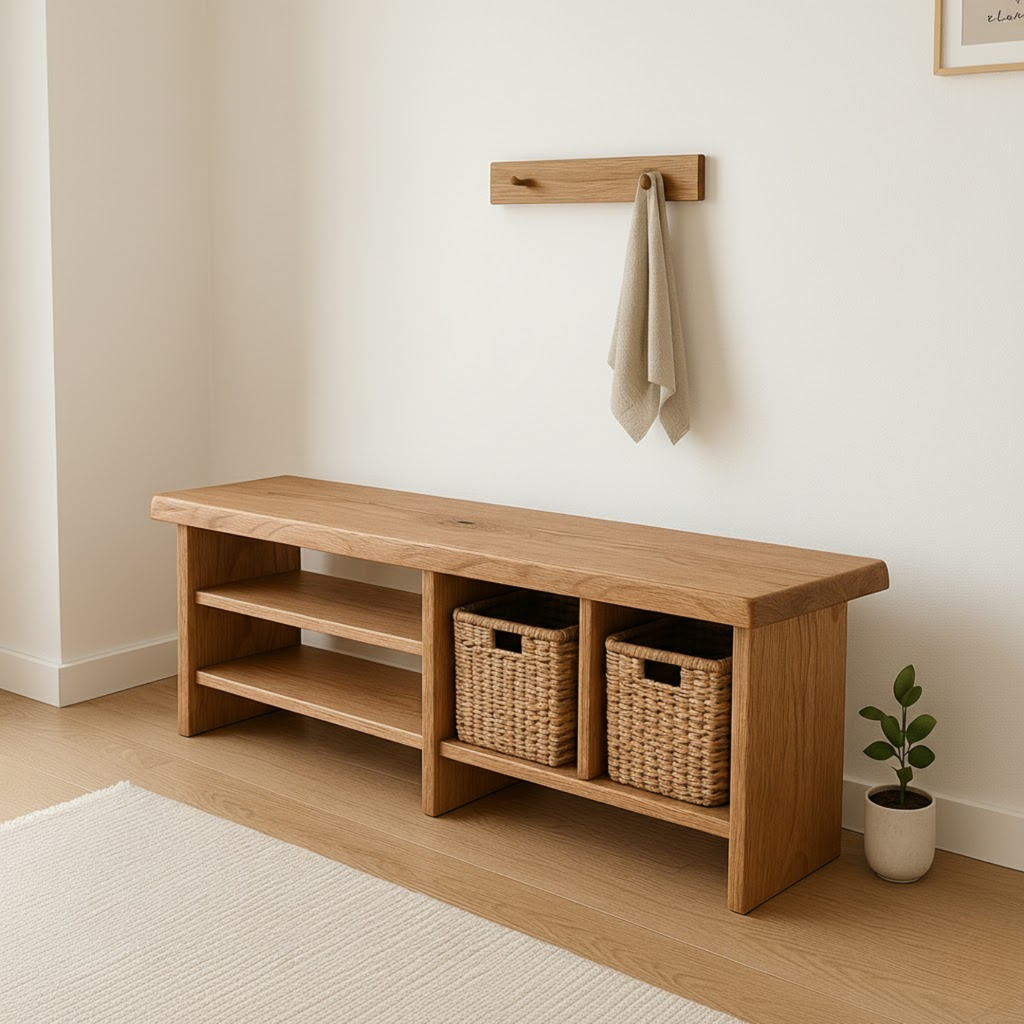 Handcrafted Solid Wood Bench – Minimalist Seating with Open Cubby Organiser - view 2 of 6