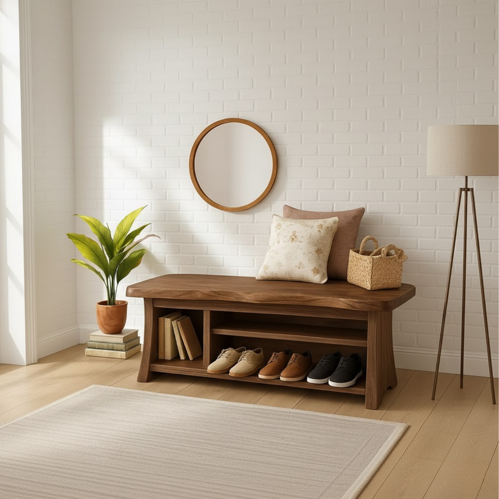 Handcrafted Solid Wood Walnut Bench – Organic Design with Integrated Shelving - view 2 of 6