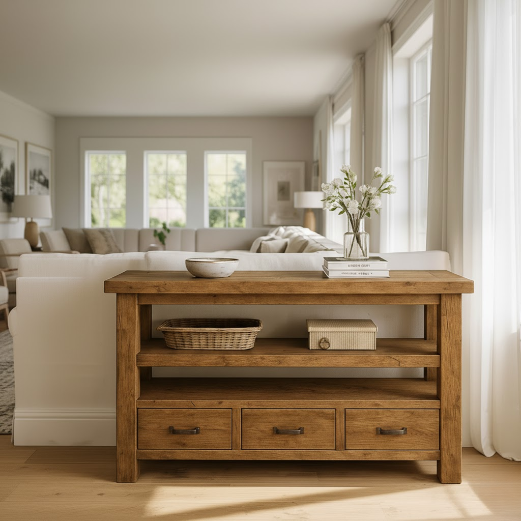 Handcrafted Solid Wood Console Table – Farmhouse Style with Three Storage Drawers - view 2 of 5