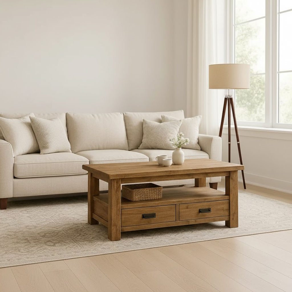 Handcrafted Solid Wood Coffee Table – Rustic Farmhouse Storage with Two Drawers and Shelf - view 2 of 6
