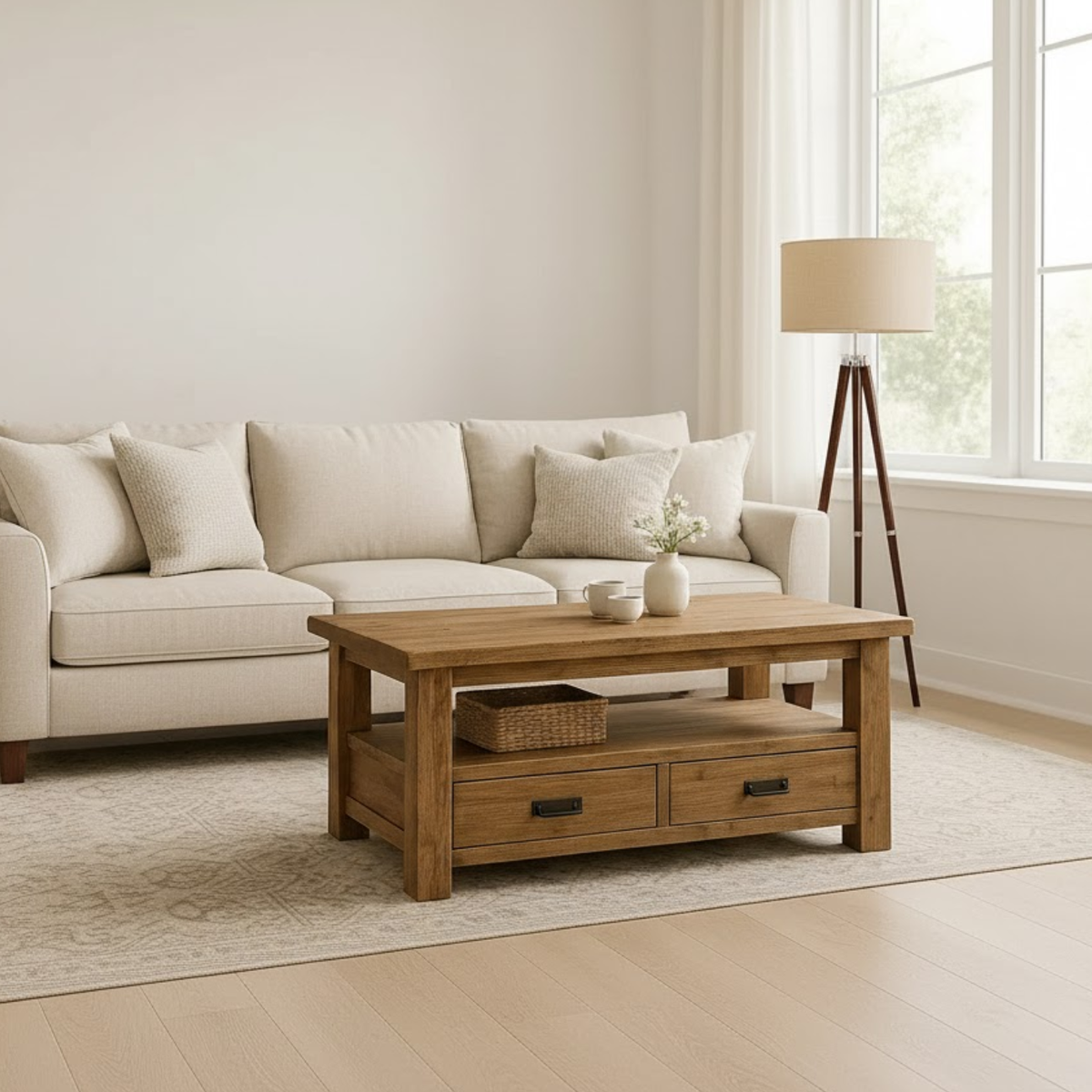 Handcrafted Solid Wood Coffee Table – Rustic Farmhouse Storage with Two Drawers and Shelf - view 2 of 6