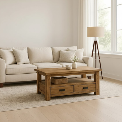 Handcrafted Solid Wood Coffee Table – Rustic Farmhouse Storage with Two Drawers and Shelf - view 2 of 6
