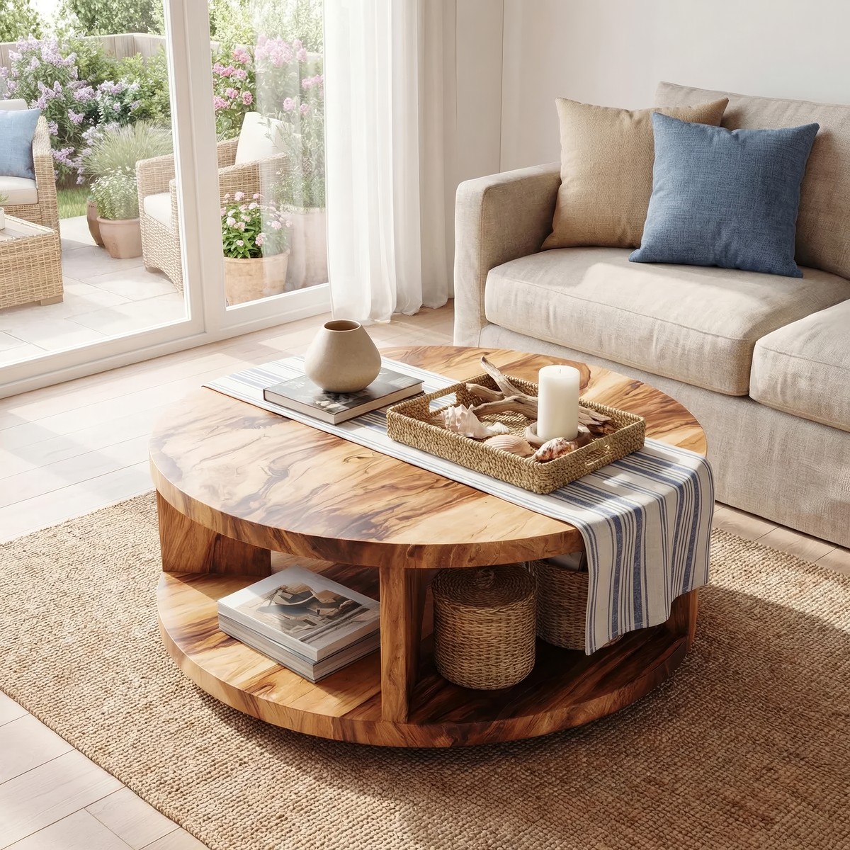 Round Solid Wood Coffee Table with Open Shelf Storage - view 1 of 7