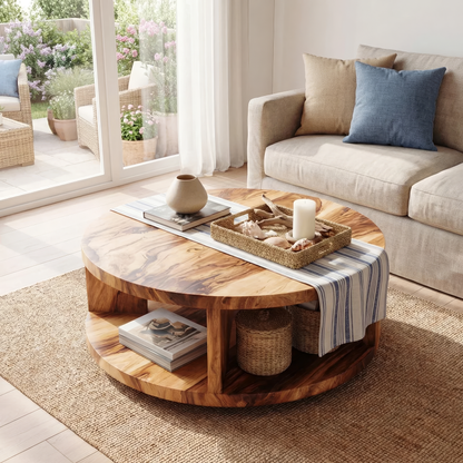Round Solid Wood Coffee Table with Open Shelf Storage - view 1 of 7