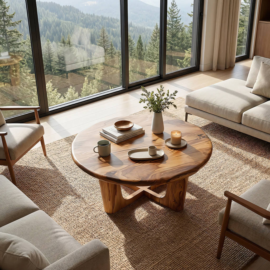 Round Live Edge Coffee Table with Open Cross Base Design - view 2 of 7