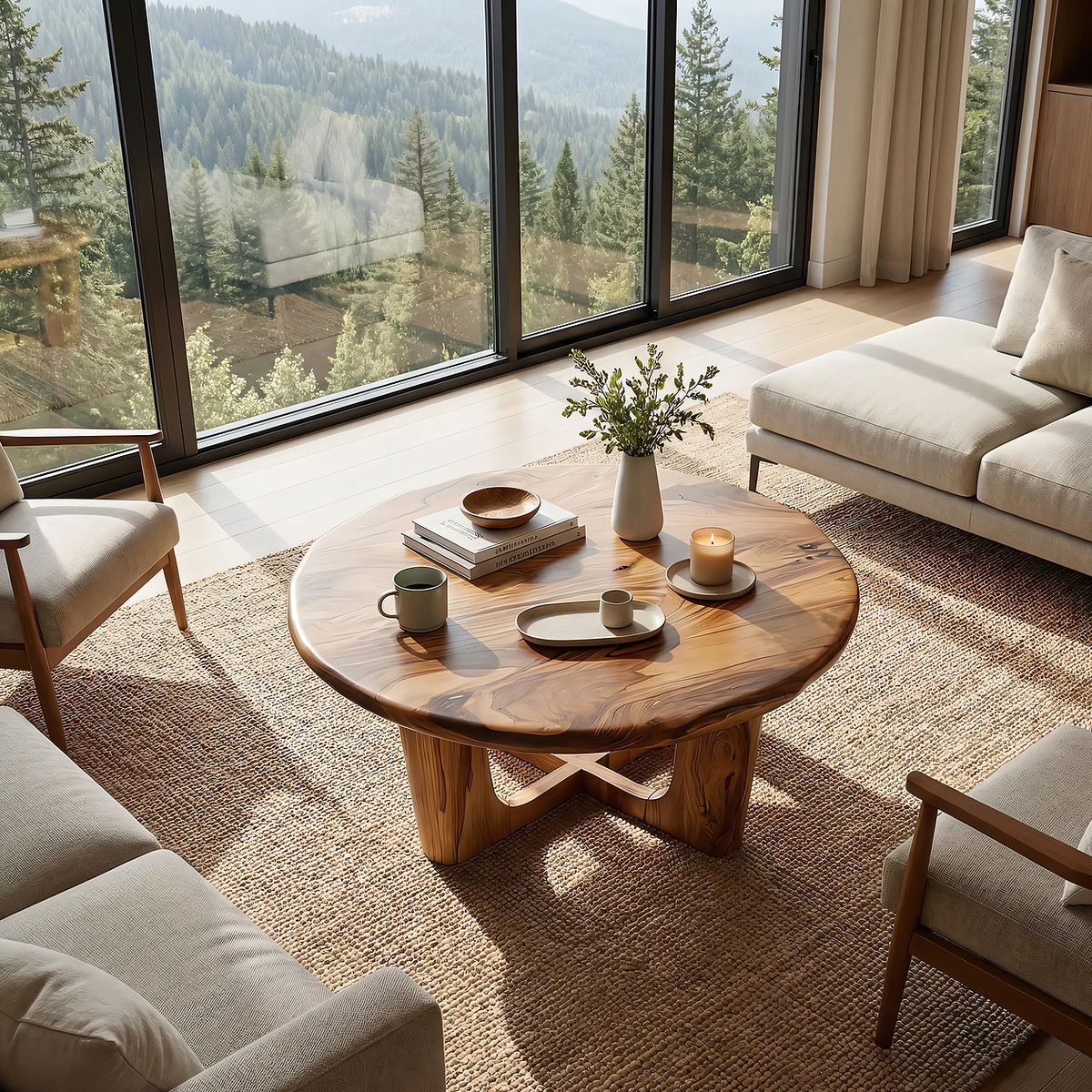 Round Live Edge Coffee Table with Open Cross Base Design - view 2 of 7