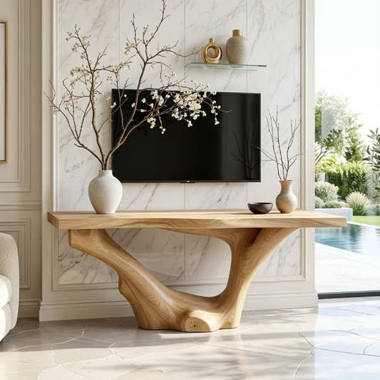 Solid Wood Console Table with Sculpted Curved Base, Modern Minimalist Design - view 1 of 7