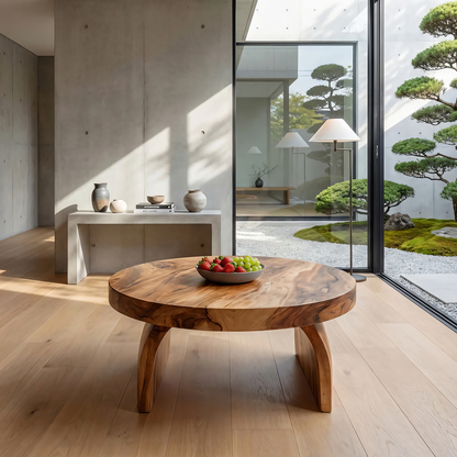 Round Solid Wood Coffee Table with Sculptural Block Base - view 5 of 7
