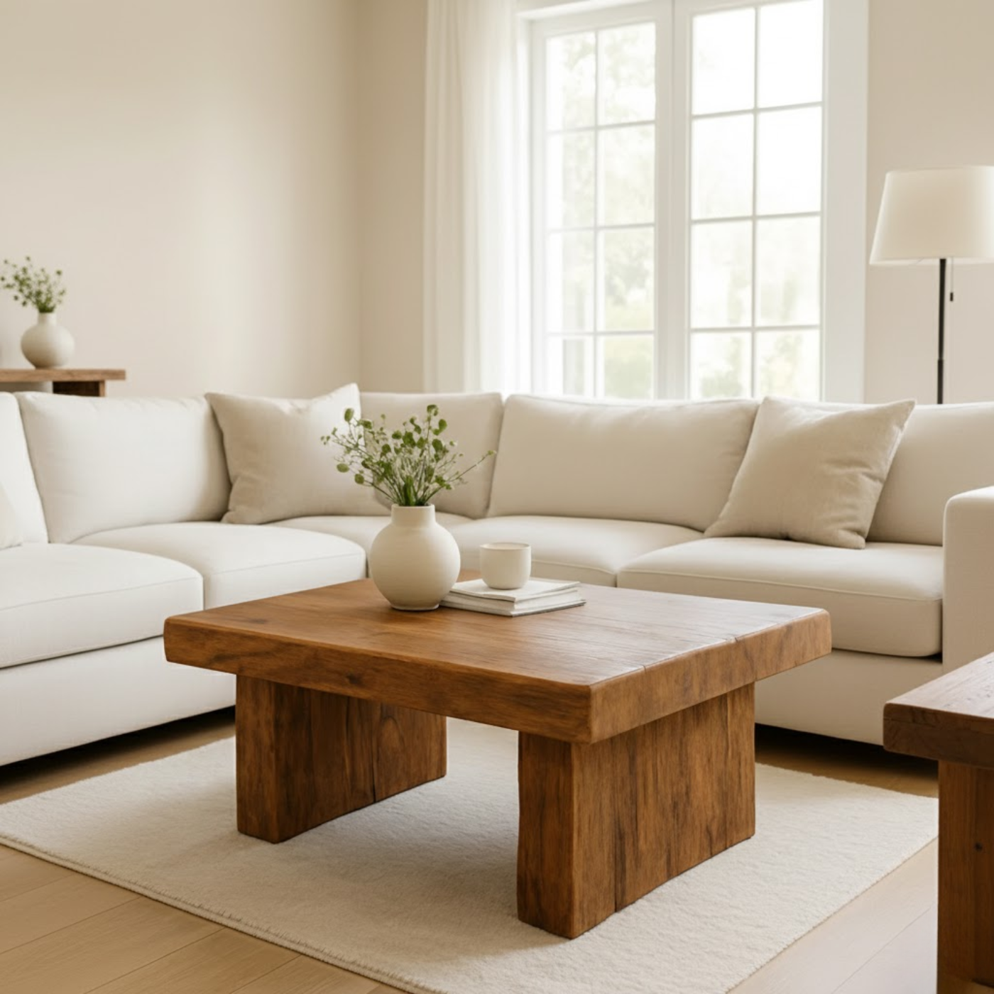 Handcrafted Solid Wood Coffee Table – Rustic Block Base Design for Living Room - view 2 of 6