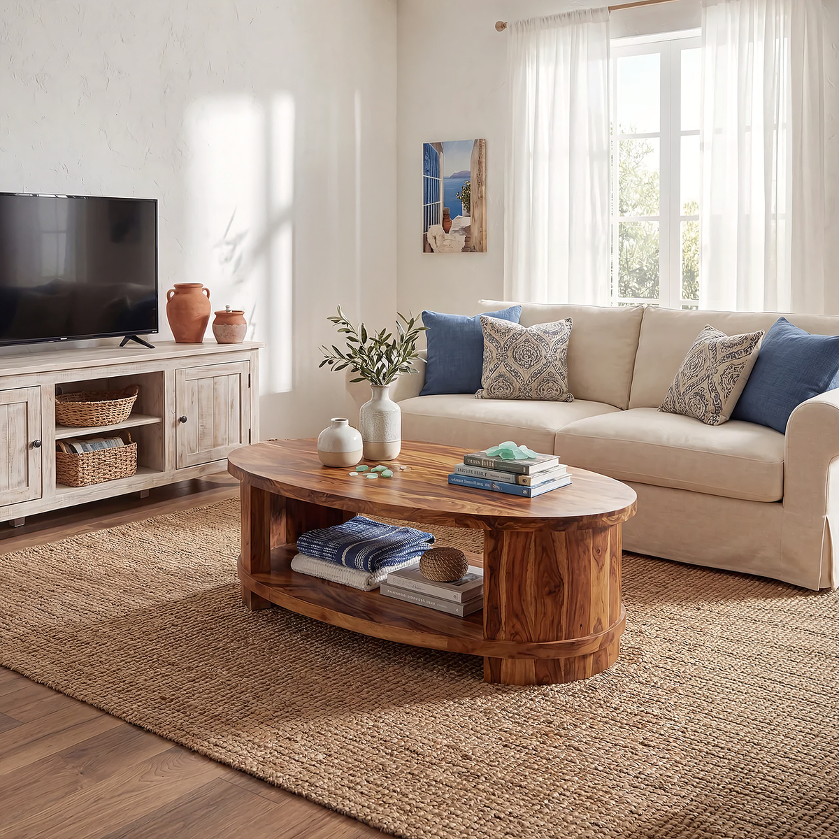 Oval Coffee Table with Curved Frame and Open Storage Shelf - view 2 of 7