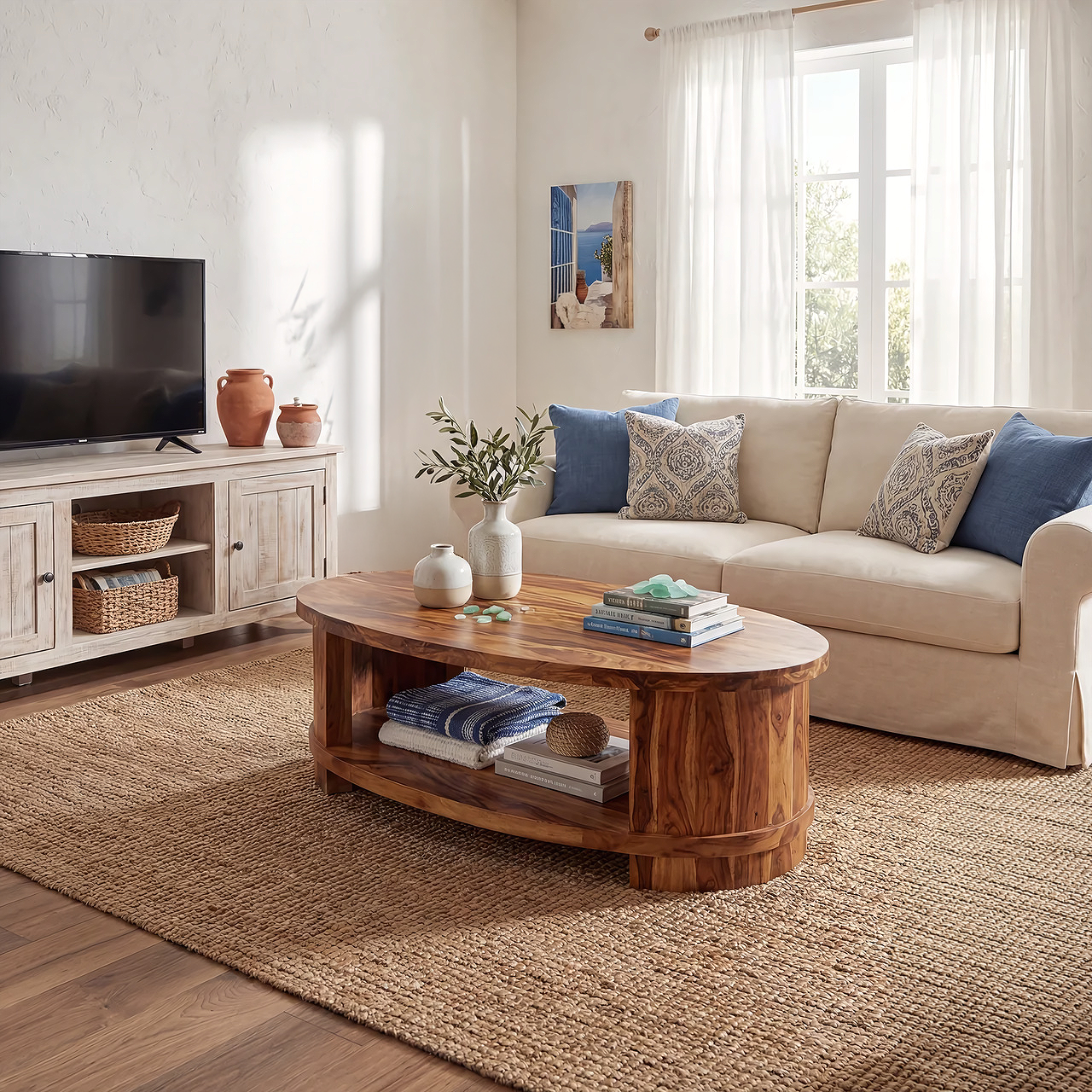 Oval Coffee Table with Curved Frame and Open Storage Shelf - view 2 of 7