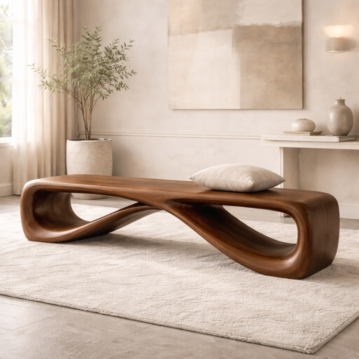 Contemporary Sculptural Entryway Bench, Curved Hallway Seating for Luxury Interiors - view 2 of 7