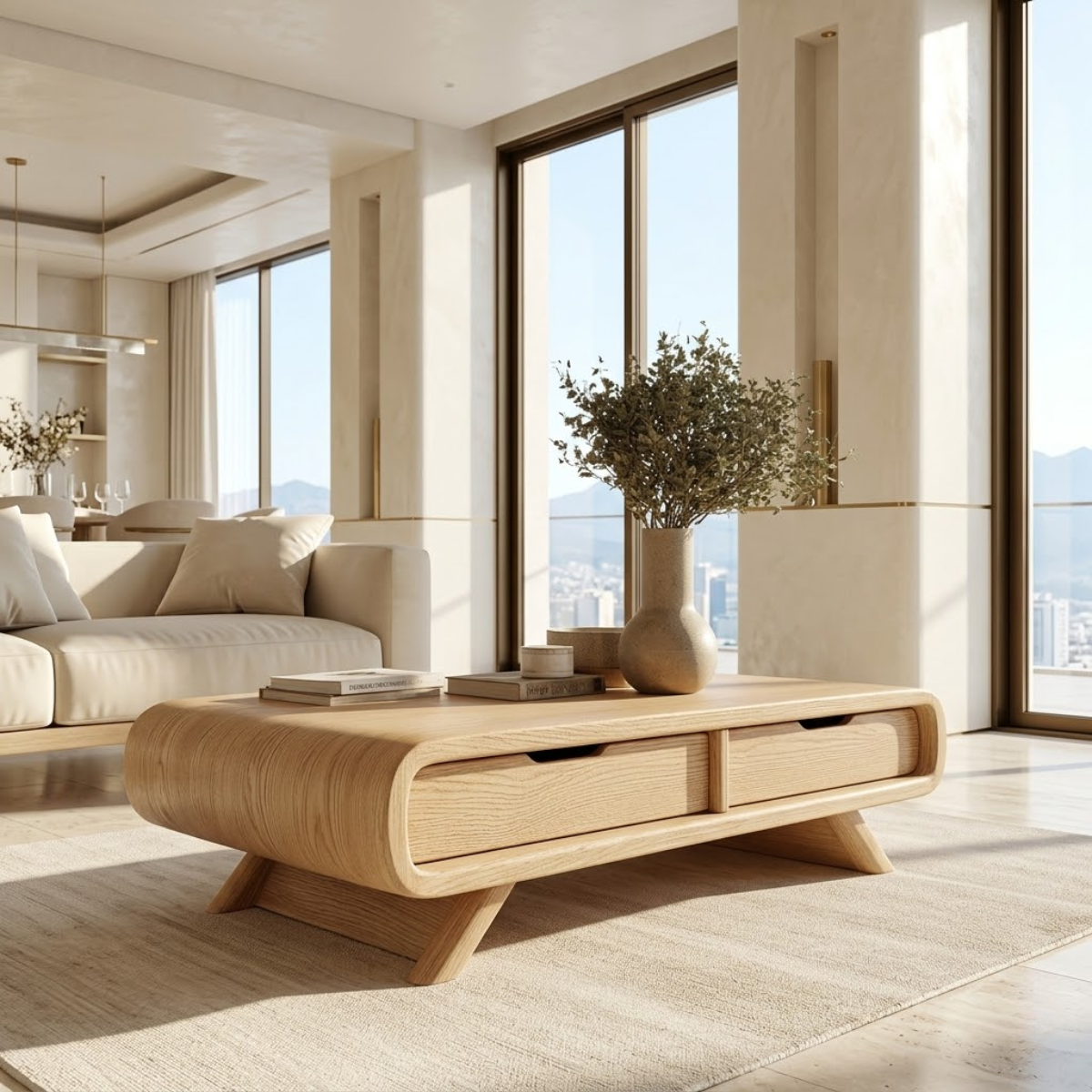 Modern Storage Coffee Table with Drawers, Minimalist Rounded Living Room Centerpiece - view 1 of 7