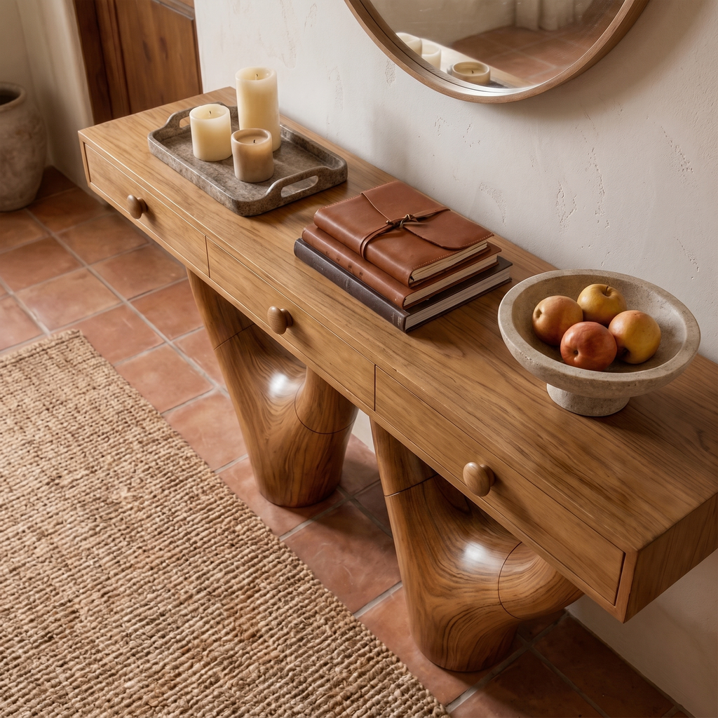 Rustic Console Table With Sculptural Double Pedestal Wood Base And Solid Wood Top For Entryway And Living Room - view 2 of 8