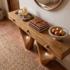 Rustic Console Table With Sculptural Double Pedestal Wood Base And Solid Wood Top For Entryway And Living Room - view 2 of 8