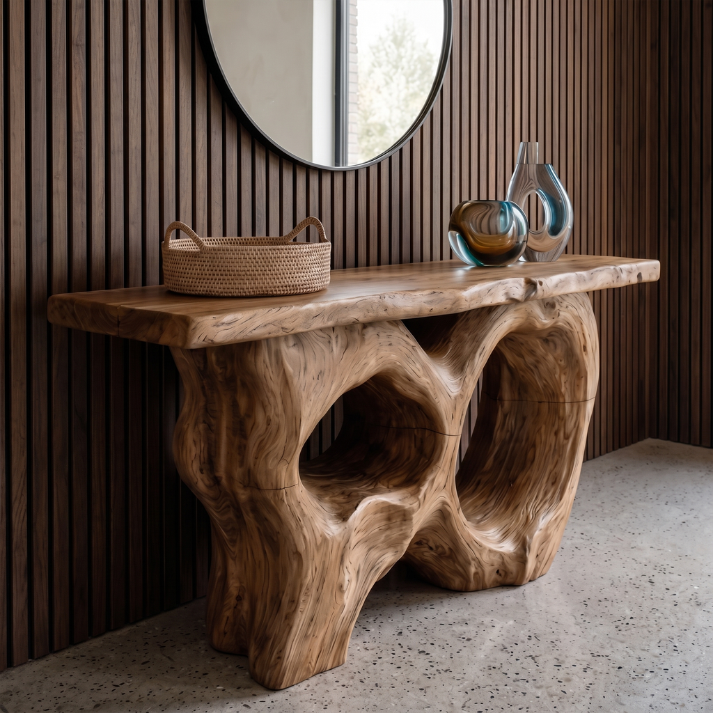 Modern Console Table With Sculptural Asymmetrical Wood Base  For Living Room - view 3 of 8