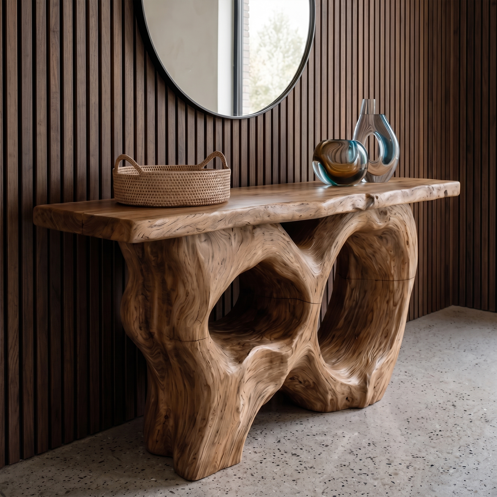 Modern Console Table With Sculptural Asymmetrical Wood Base  For Living Room - view 3 of 8