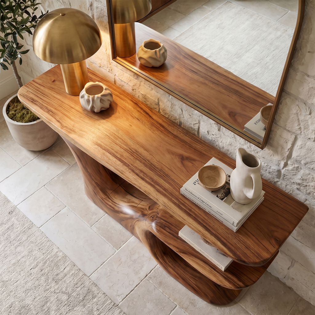 Rustic Organic Console Table With Live Edge Top And Sculptural Solid Wood Base For Entryway - view 2 of 8