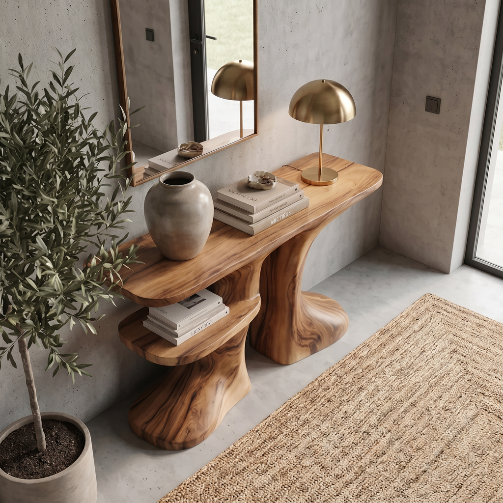 Organic Console Table With Live Edge Countertop And Sculptural Solid Wood Base For Entryway - view 3 of 8