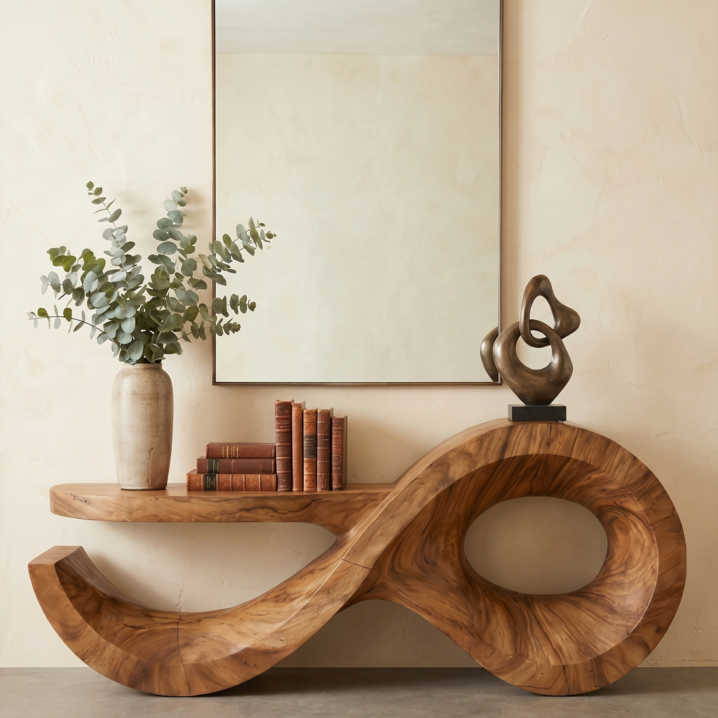 Contemporary Console Table With Sculptural Wave Wood Base And Solid Wood Top For Living Room - view 3 of 8