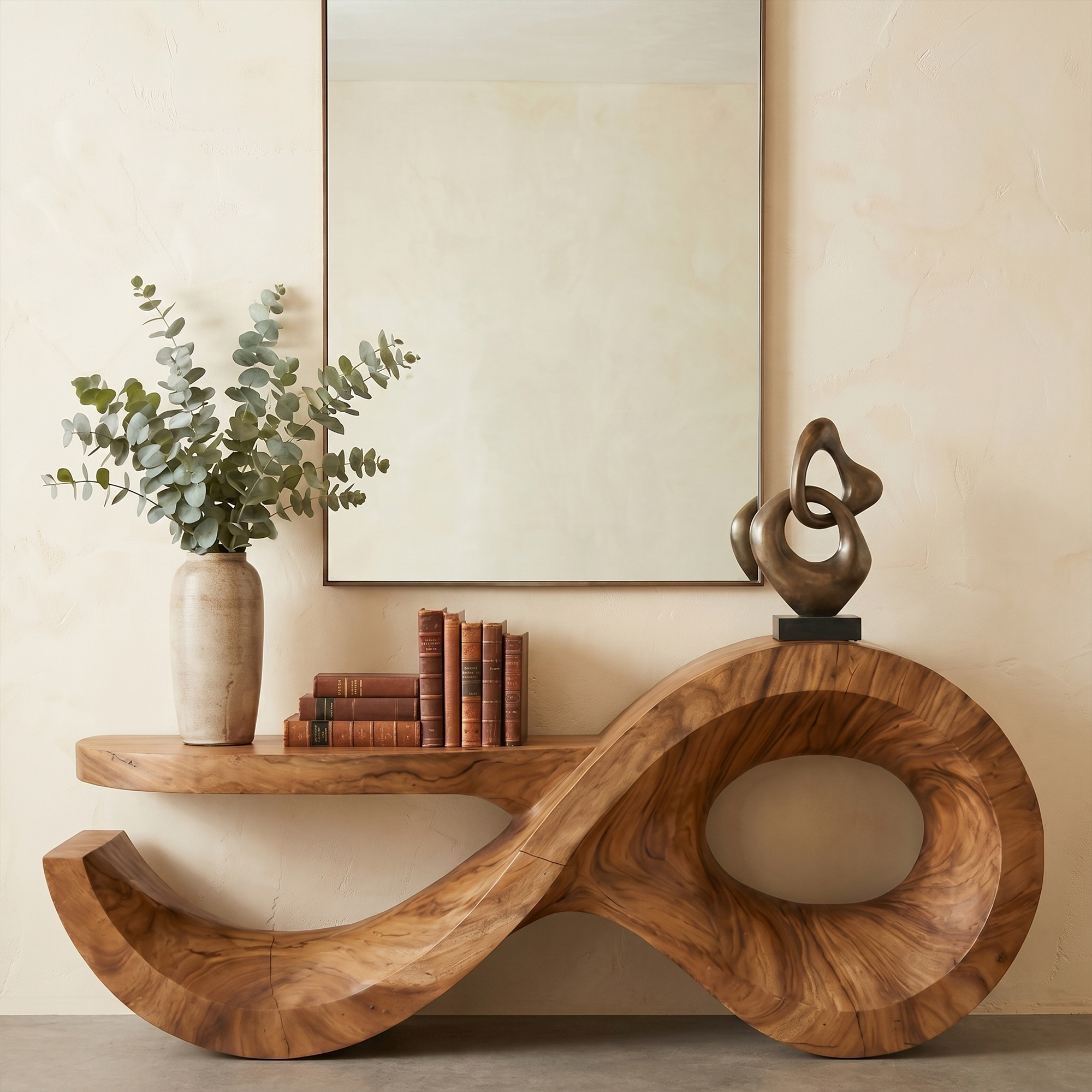 Contemporary Console Table With Sculptural Wave Wood Base And Solid Wood Top For Living Room - view 3 of 8