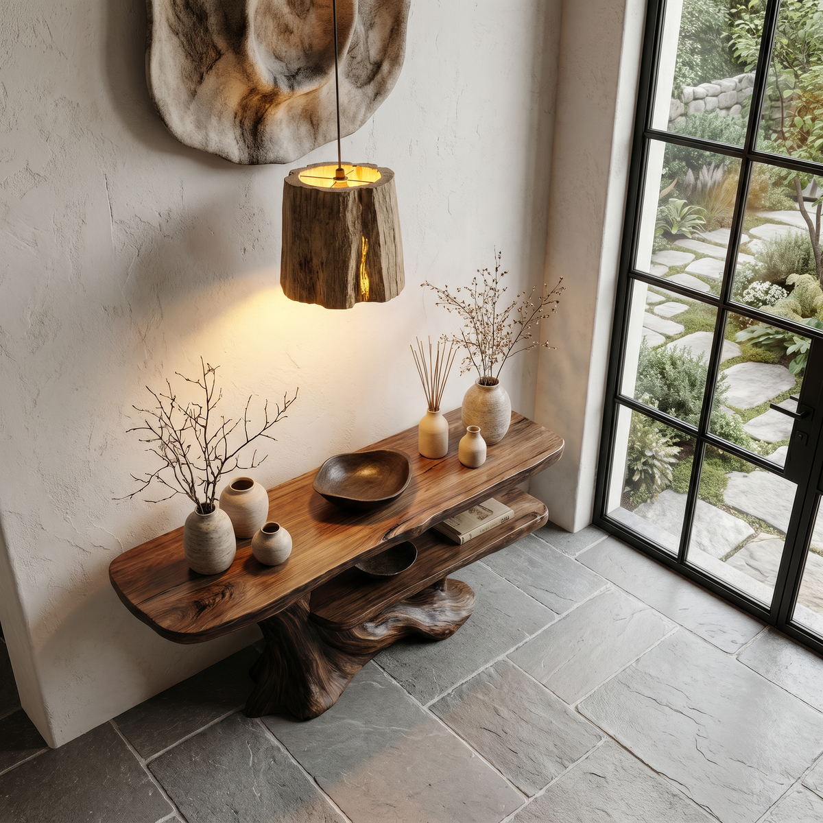 Rustic Console Table With Handcrafted Tree Root Base And Tiered Shelves For Entryway - view 3 of 8