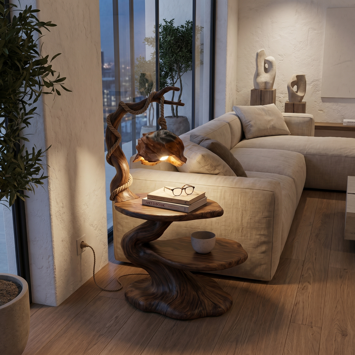 Rustic Beside Table With Tree Root Design And Hanging Lamp For Living Room - view 3 of 8