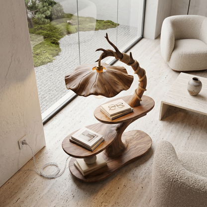 Sculptural Beside Table With Tree Branch Lamp And Open Storage Shelves For Living Room - view 2 of 8