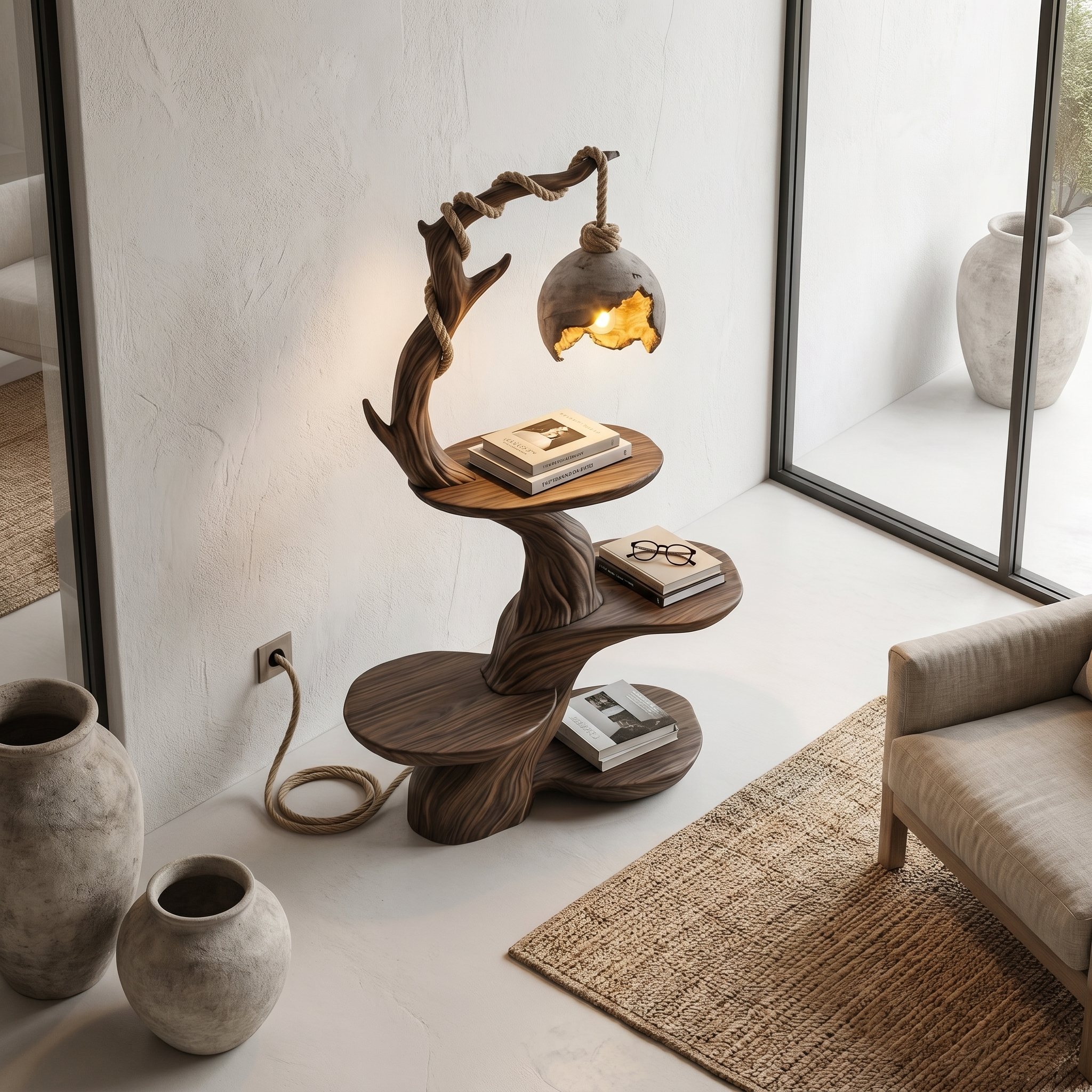 Nature Inspired Beside Table With Sculptural Tree Form And Ambient Lamp For Living Room - view 3 of 8
